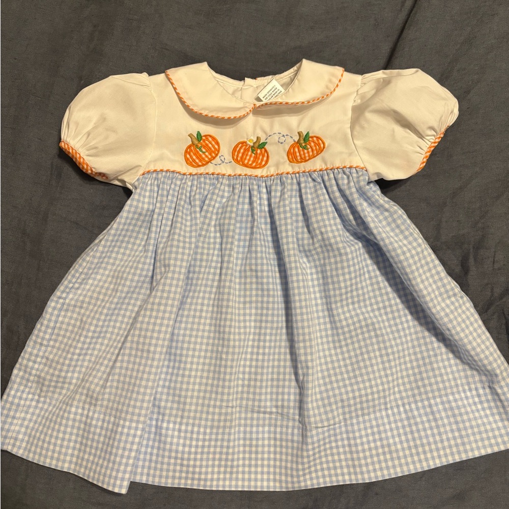 Blue gingham embroidered pumpkin dress size 12mos